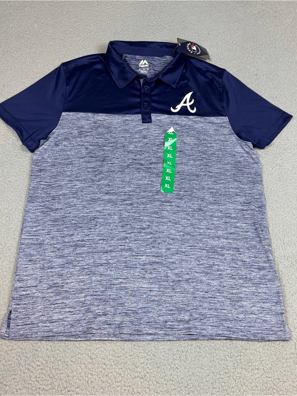 Atlanta Braves Majestic Polo Shirt XL Navy and Heather Gray Baseball MLB